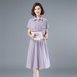 2021年夏季中长款格子套头A字裙妈妈装连衣裙POLO领韩版裙子高腰图片