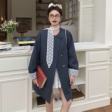 法式蕾丝拼接风衣外套女韩版宽松2025年春季新款中长款大衣，女装西装，牡丹诺