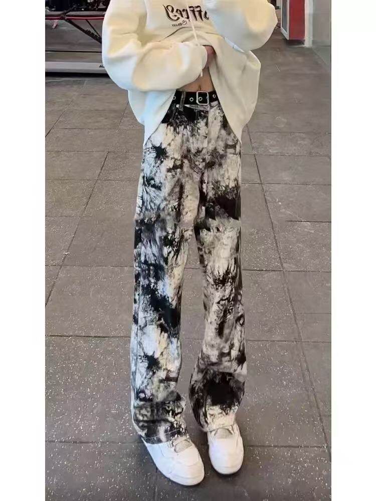 新中式水墨扎染直筒牛仔裤男春秋季美式高街vibe设计感修身微喇裤,男装牛仔裤,星座613