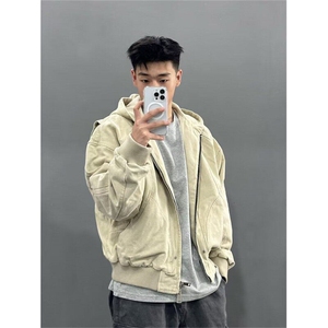 座山雕短款外套男女冬季加绒加厚水洗帆布连帽情侣工装夹克图片