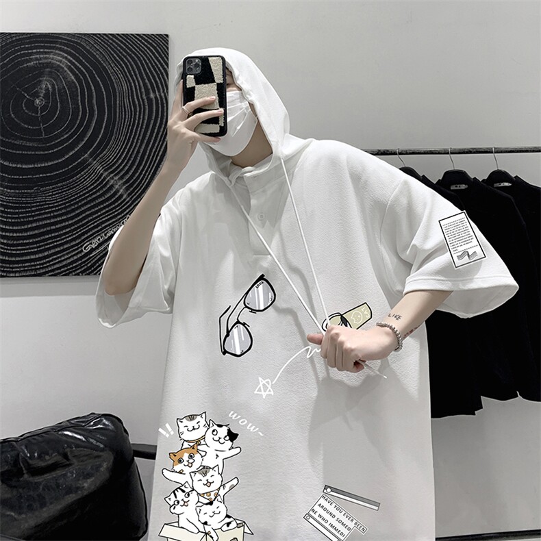 LD54115-P45 连帽短袖t恤男大码胖子带帽五分袖中袖 大皂风图片