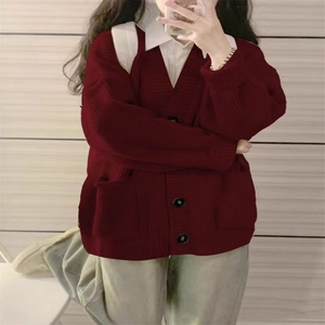 日系复古圣诞红色毛衣女秋冬高级感学院风针织衫开衫外套图片
