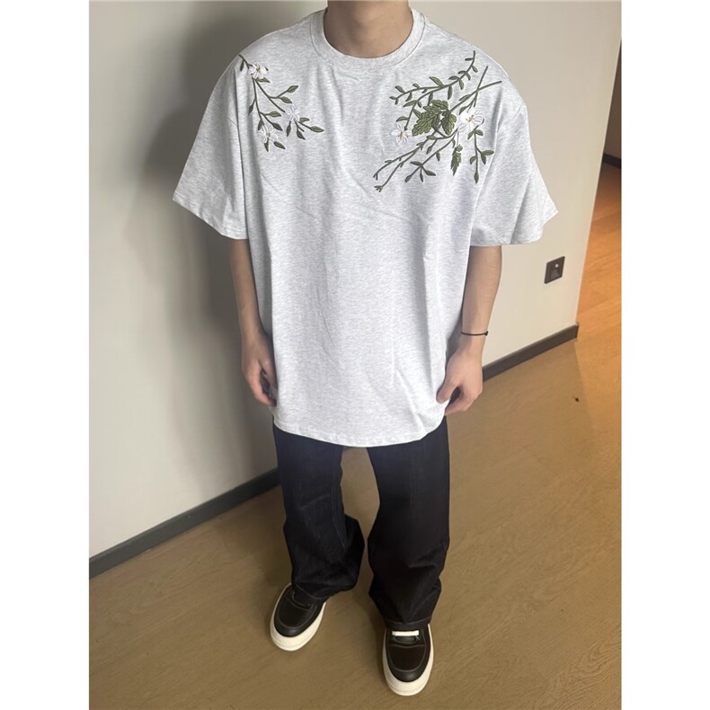 美式街头花卉刺绣圆领短袖t恤男款夏季潮牌复古宽松休闲体恤DC016,男装T恤,星座208-5