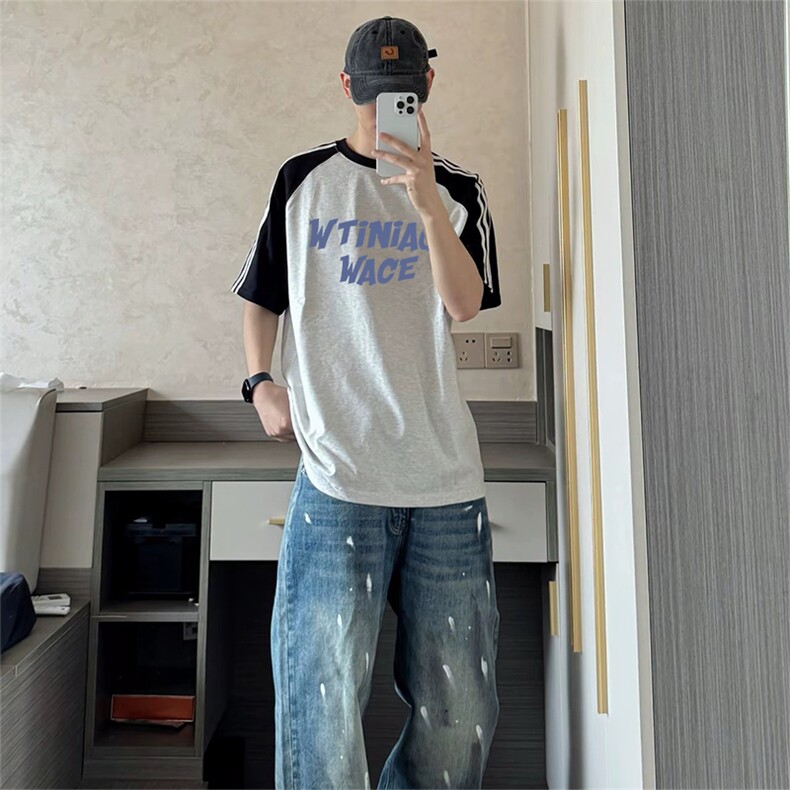 抖音得物品质二开240克宽松纯棉美式潮牌插肩三杠织带短袖T恤,男装T恤,电商A486