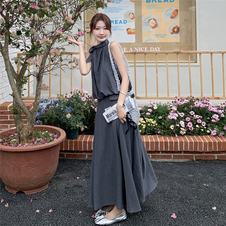 蝴蝶结挂脖收褶背心上衣+百褶a字裙两件套2C239-H79-P165K248,女装套装/套裙,2C239