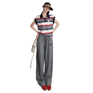 女夏季新款时尚休闲套装高端欧货POLO条纹短袖上衣高腰长裤两件套图片