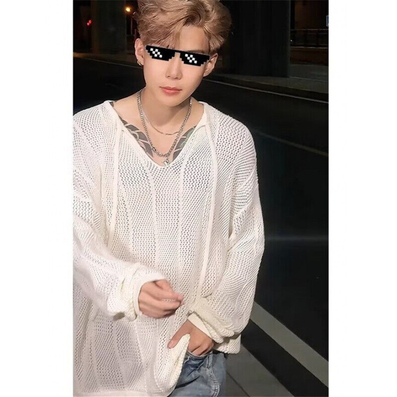 复古慵懒风系绳v领针织镂空长袖T恤男夏季宽松防晒体恤衫TZ79，男装防晒衣，星座1116A（原606A-3）