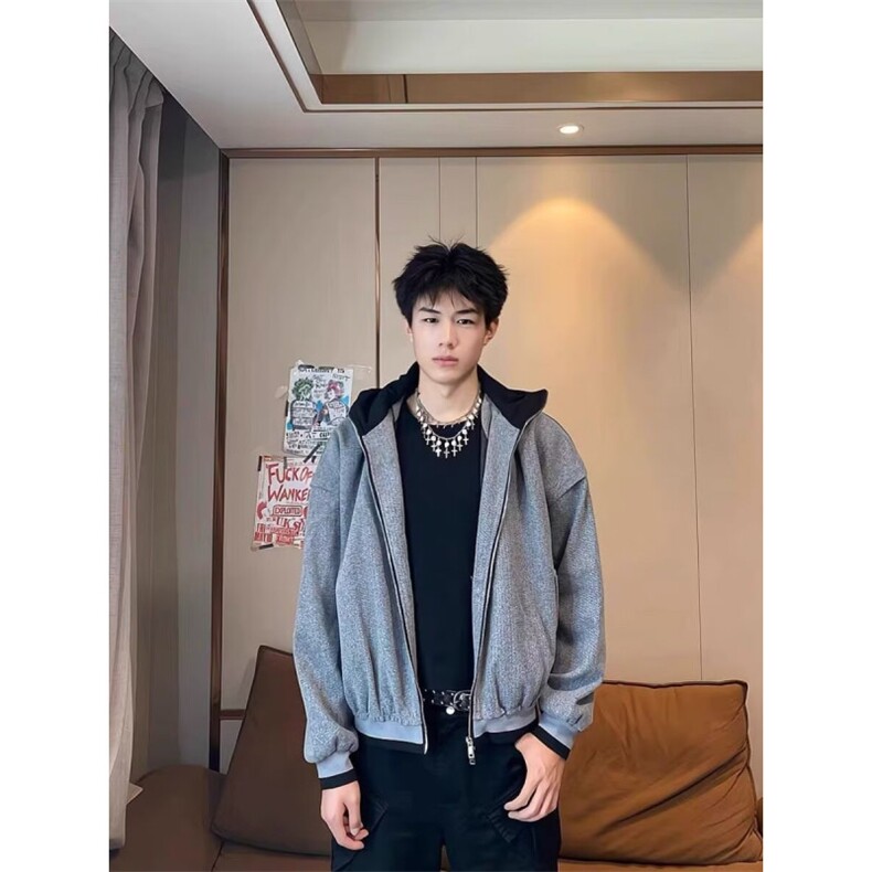 美式复古假两件立领针织衫外套男女休闲百搭连帽拉链卫衣,男装针织衫/毛衣,星座506A