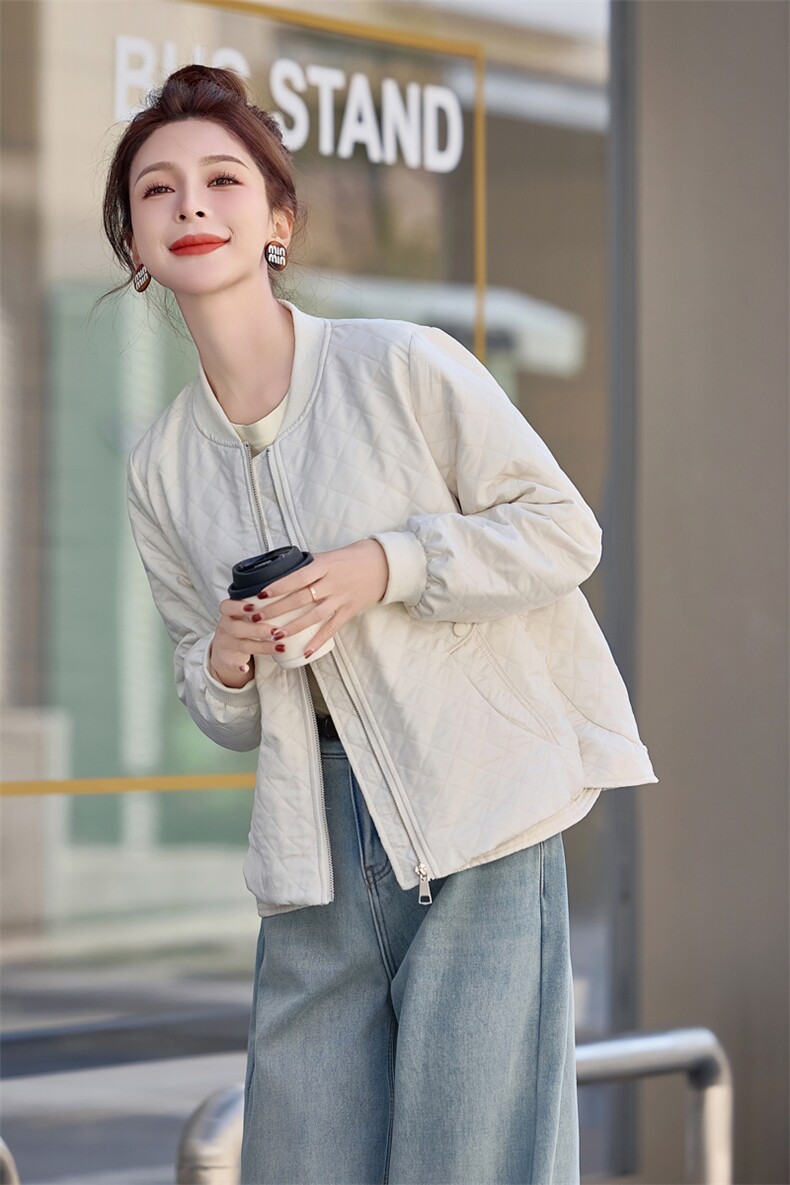 粉色休闲棒球服短款外套女2026春秋新款洋气减龄时尚菱格夹克上衣,女装短外套,余墨