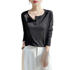 2025新款简约百搭纯色女士开口V领莱赛尔长袖，女装蕾丝衫/雪纺衫，羊特美羊绒