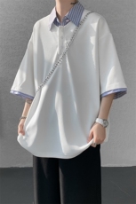 8XL-M假两件衬衫领短袖T恤大码夏季条纹拼接polo衫半袖DX1211/P45，男装T恤，电商B238