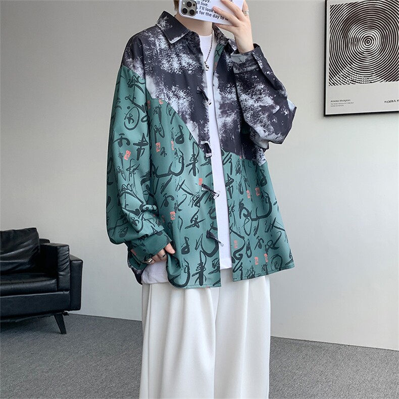 CS1152-特批38控68秋季新款新中式撞色拼接长袖冰丝衬衫大码男,男装衬衫,电商A059