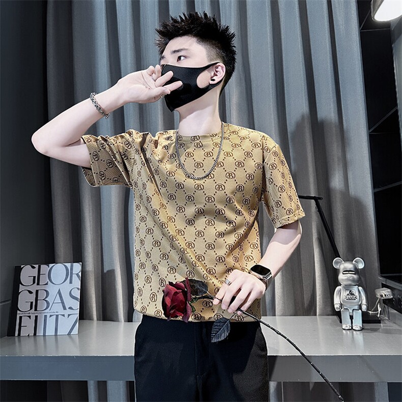 网红短袖T恤男ins轻奢提花圆领社会小伙店主风301C-DT105-P48控68,男装T恤,星座301C（原B323）