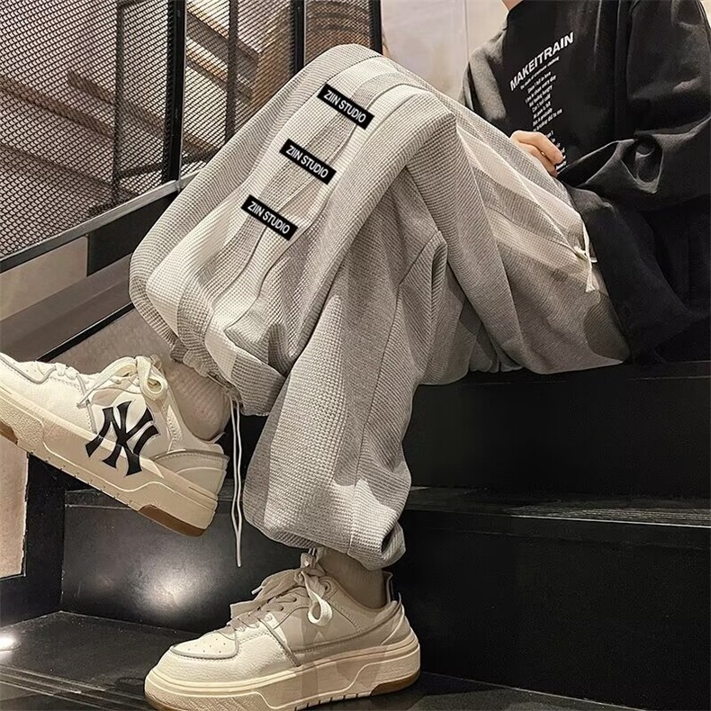 华夫格撞色拼接长裤卫裤男秋季直筒运动束脚休闲长裤子潮牌KR38,男装休闲裤,星座1116A-1（原606A）