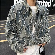 毛边拼色水洗牛仔衬衣外套流苏设计感炸街网红衬衫外套J3502-p75，男装衬衫，星座1001-1