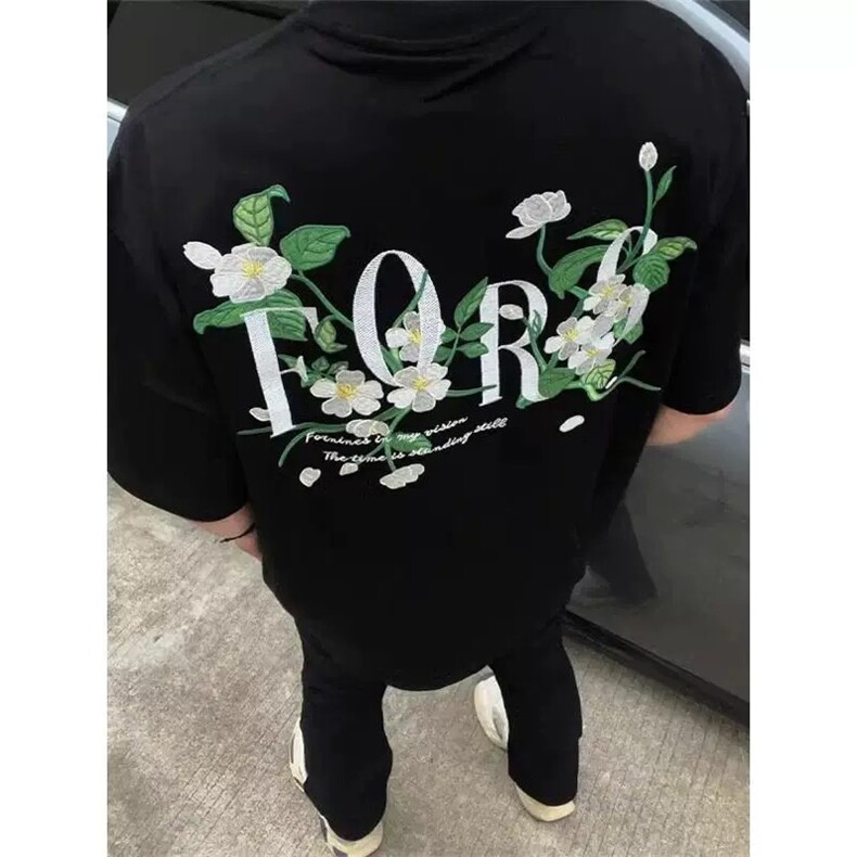 网图有货美式花卉刺绣短袖T恤男女休闲宽松情侣纯棉上衣A671-P35,男装T恤,星座1505