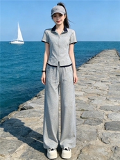女夏新款小个子时尚休闲套装欧货纯色短袖拼接上衣高腰长裤两件套，女装套装/套裙，江南