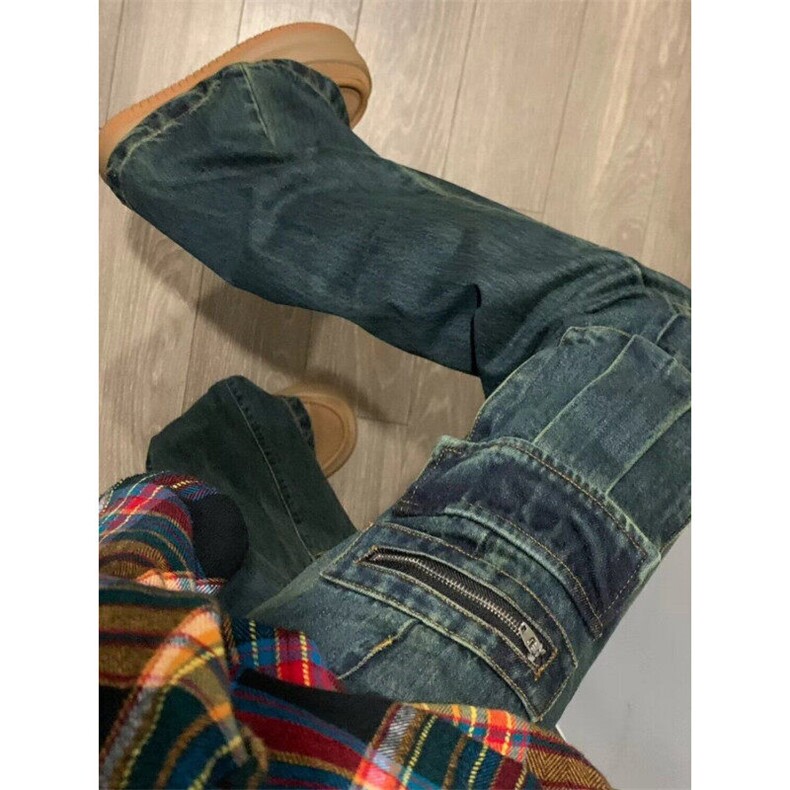 美式复古美式做旧工装牛仔裤子女春秋潮ins宽松口袋微喇叭长裤，男装牛仔裤，星座506A