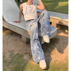 NK6637-P532025秋季新款卡通涂鸦刺绣印花牛仔裤女高腰显瘦，男装牛仔裤，电商B323A