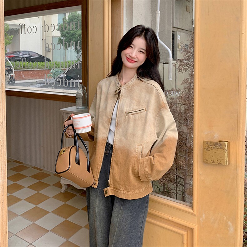 慵懒风渐变色牛仔外套设计感女2025新款春秋小个子港风上衣夹克衫,女装短外套,2C272