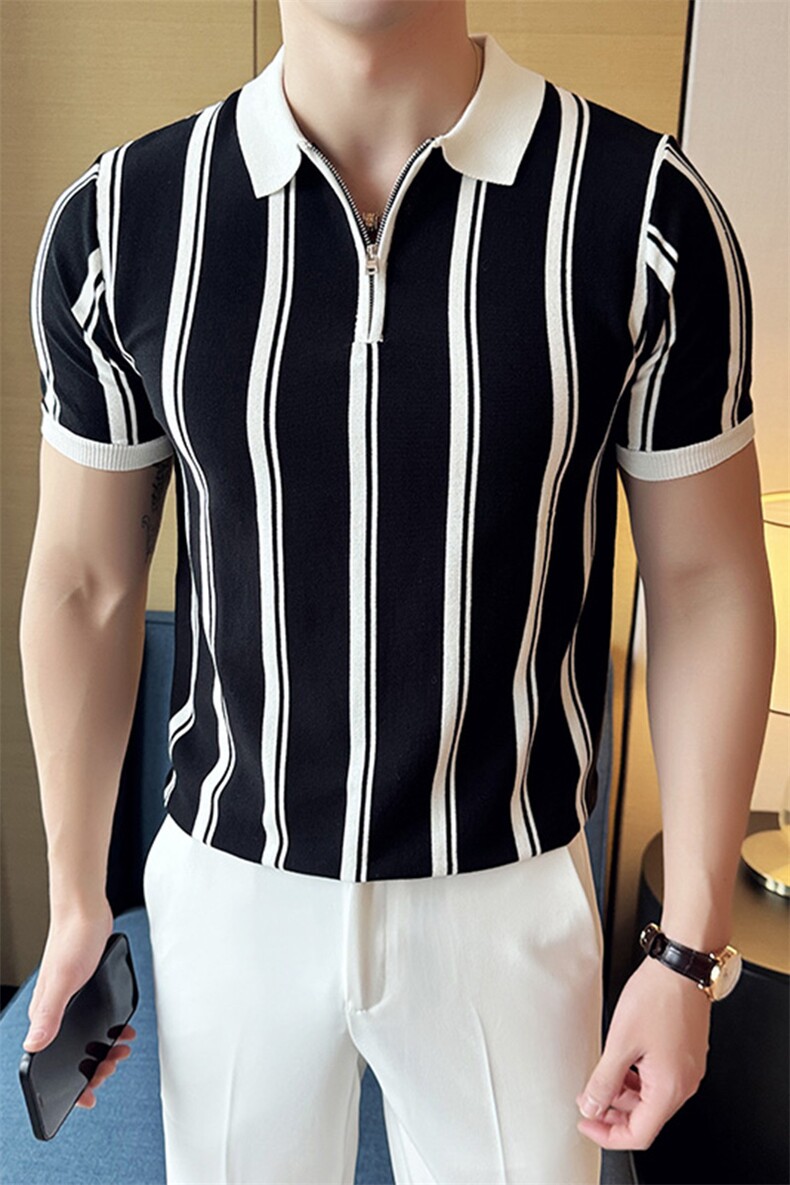 盗图百搭条纹拉链翻领冰丝短袖Polo衫PL69/P55控69,男装Polo衫,电商A243