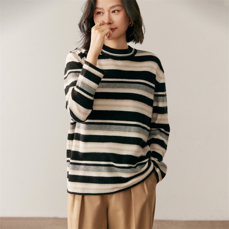 新款圆领条纹针织长袖套头上衣女,针织衫/毛衣,鸥蕊娅羊绒