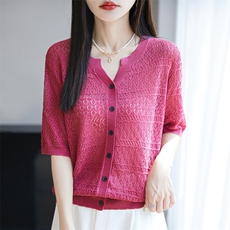 夏季轻薄开衫薄款外套长袖披肩空调防晒宽松女针织衫V领毛衫，女装针织衫/毛衣，暖烁羊绒