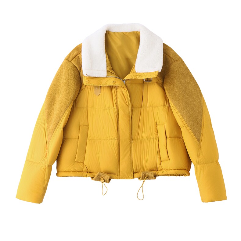 【现货现货】2025冬季新款黄色羽绒服短款加厚保暖羊羔毛拼接外套,女装羽绒服,一安秀
