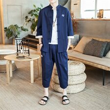 2021夏季中国风男装棉麻七分袖衬衫大码刺绣休闲裤套装TZ073/P100，男装套装，电商A008