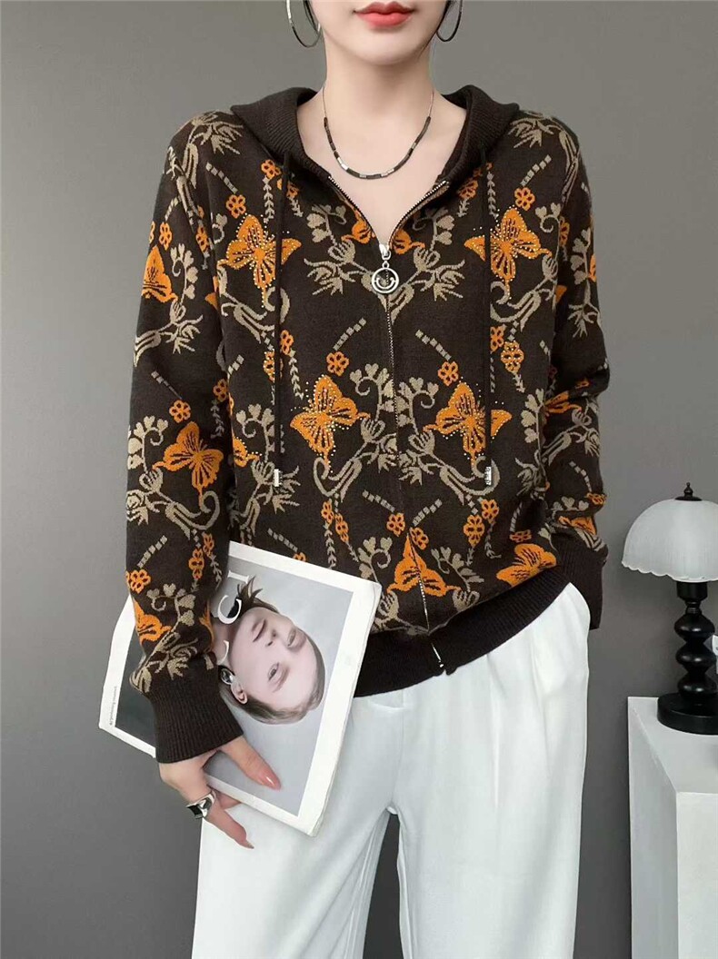 2025年秋季单件通勤长袖连帽拉链开衫蝴蝶，女装羊毛衫，斯尔特羊绒