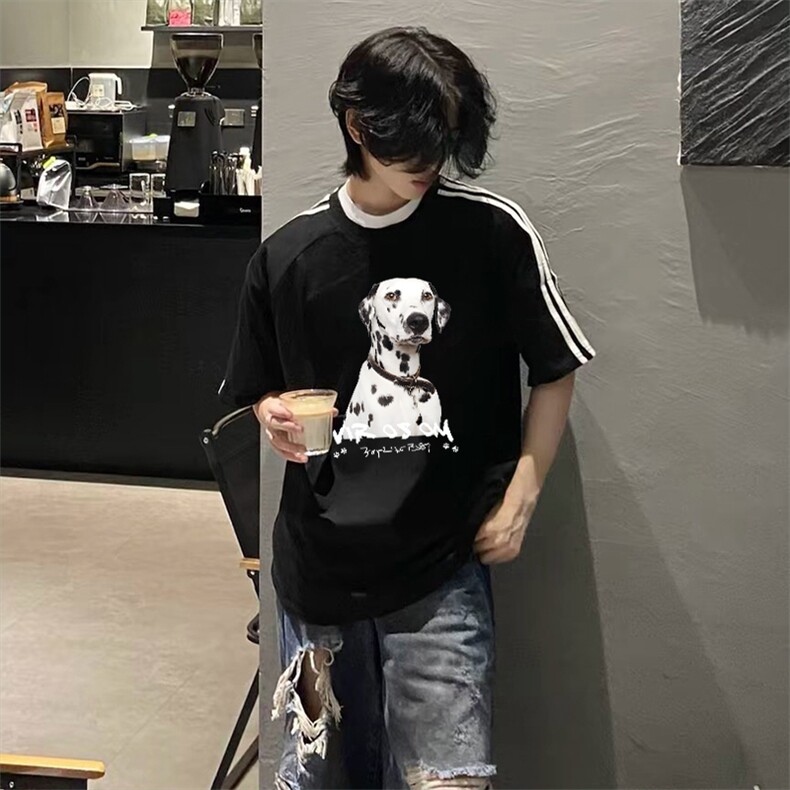 抖音得物高品质二开240克宽松纯棉美式潮牌三条杠织带短袖T恤,男装T恤,电商A486
