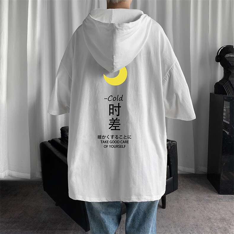 LD54047-P45 连帽短袖t恤男大码胖子带帽五分袖中袖图片