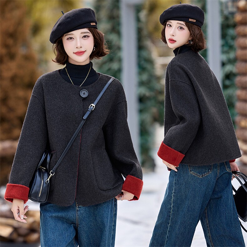 极简风撞色绒双面羊绒大衣女短款宽松显瘦气质一粒扣毛呢外套，女装双面呢大衣，衣之秀