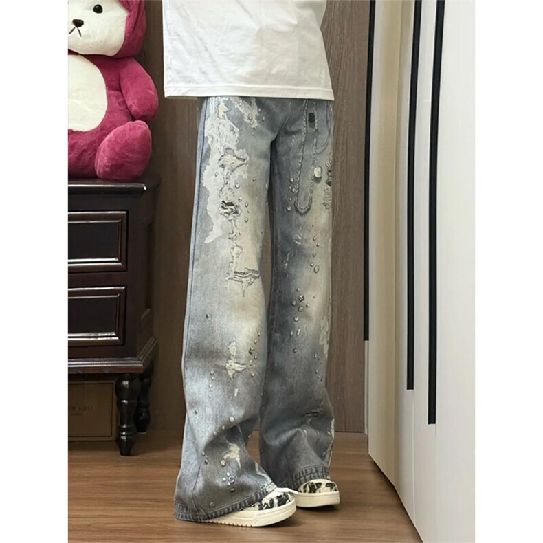 ！美式复古蕾丝印花休闲做旧牛仔裤,男装牛仔裤,星座617C