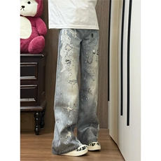 ！美式复古蕾丝印花休闲做旧牛仔裤，男装牛仔裤，星座617C