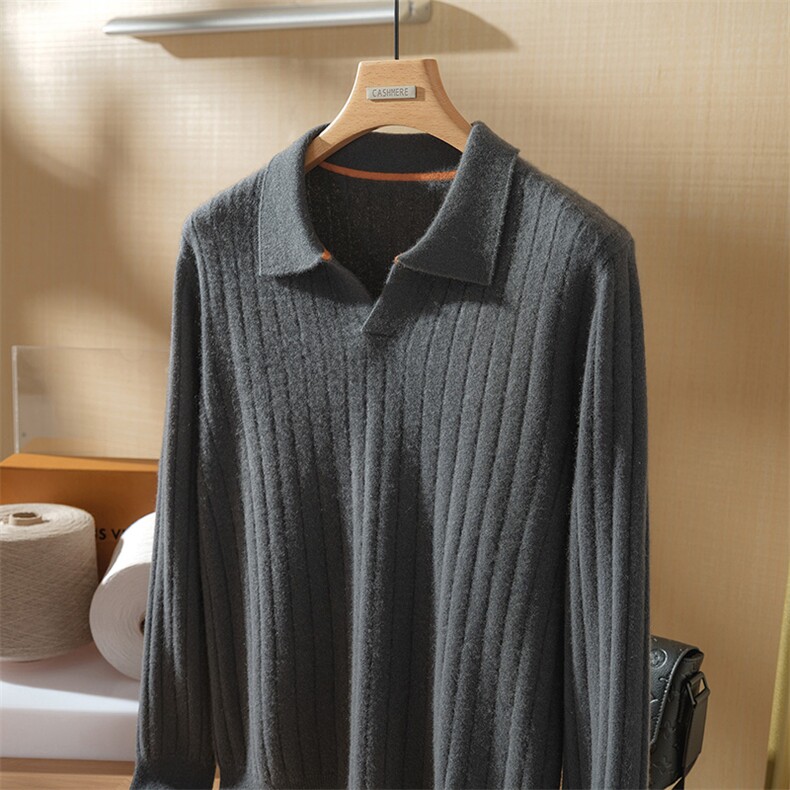 2025秋冬百搭时尚简约坑条海欧领针织衫，男装羊绒套衫，澳坤羊绒