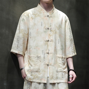2025夏季新款风男装盘扣新中式唐装竹叶印花衬衫 C109-P50图片