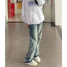 D5128-P50美式高街复古毛边泼墨牛仔裤女设计感直筒长裤-网图现货，男装牛仔裤，星座603-2
