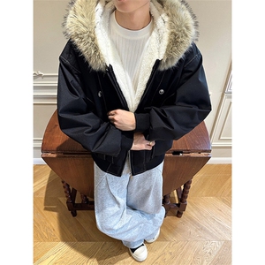 现货重磅boxy短款棉衣座山雕大毛毛领男女棉服水洗工装厚外套图片