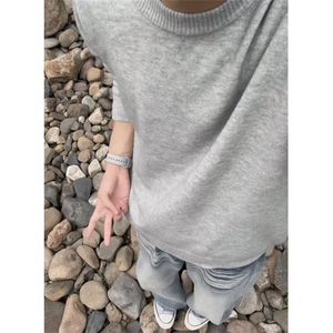 浅灰色圆领毛衣男款秋冬美式慵懒高级感针织衫内搭打底衫 M5020图片