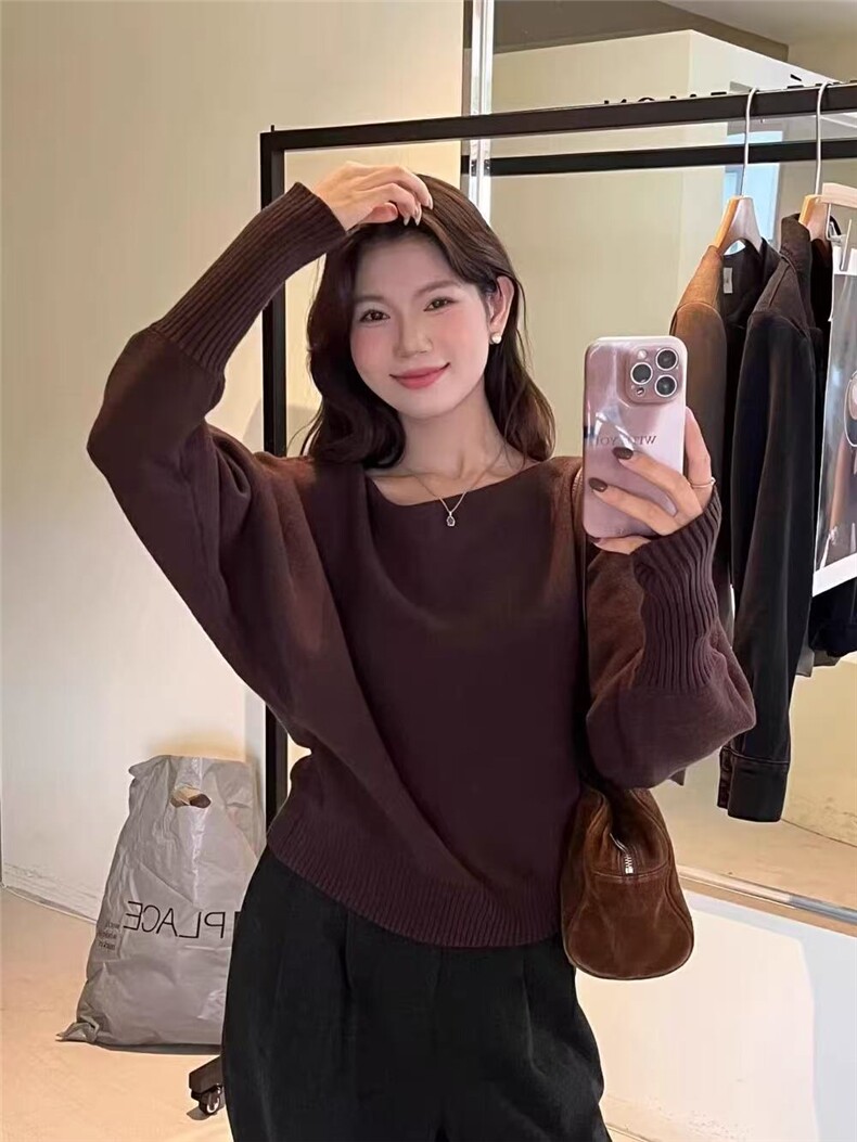 女士时尚潮流蝙蝠袖纯毛一字领套头毛衣,针织衫/毛衣,米咔羊绒