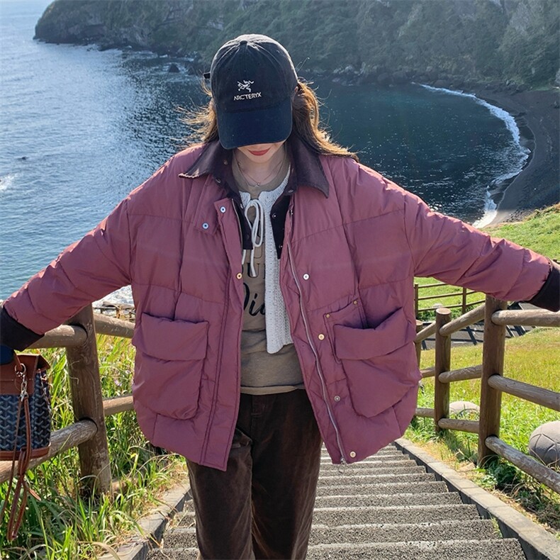 独特超好看树莓粉色短款羽绒服女冬2024年新款高级感美式夹克外套,女装羽绒服,浙宝305