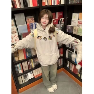 趣味蜡笔小新刺绣纽扣连帽卫衣女秋冬2025新款休闲宽松高级感上衣图片