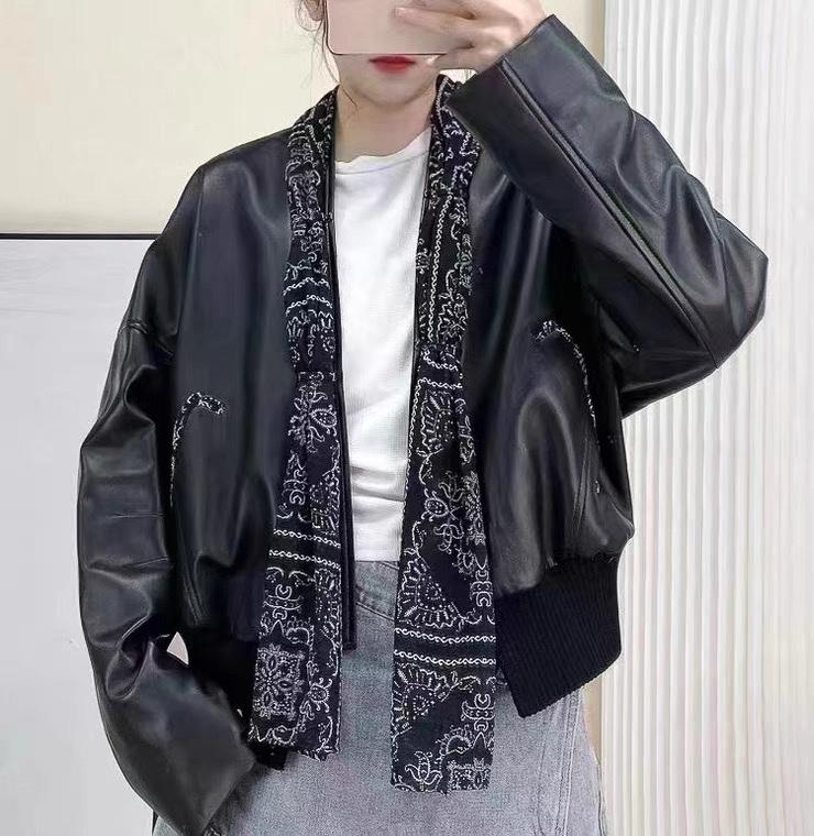 2022新款立领碎花丝巾PU皮外套,女装其它,L·H·X