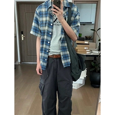 CS02LL-特P35cleanfit蓝色格子衬衫男设计感短袖衬衣，男装T恤，星座1007（原301D）