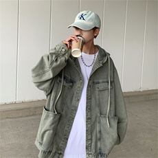 春秋季高街做旧连帽牛仔外套情侣宽松痞帅夹克男装上衣JN1226-P75，男装工装外套，星座302B-2