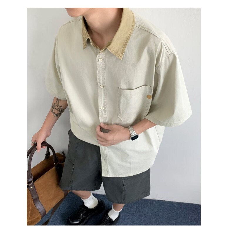 流行无品牌慵懒气质新款原宿潮牌2025美式撞色翻领短袖衬衫潮流，男装T恤，星座506A