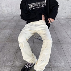 欧美vibe风直筒显瘦毛边破洞牛仔裤男ins潮牌高街黑色微喇叭长裤，男装牛仔裤，星座410-7
