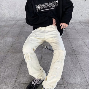 欧美vibe风直筒显瘦毛边破洞牛仔裤男ins潮牌高街黑色微喇叭长裤图片