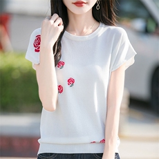 2025夏季新款圆领玫瑰提花短袖女莱塞尔天丝宽松洋气百搭薄款针织，女装针织衫/毛衣，萱芳婷羊绒